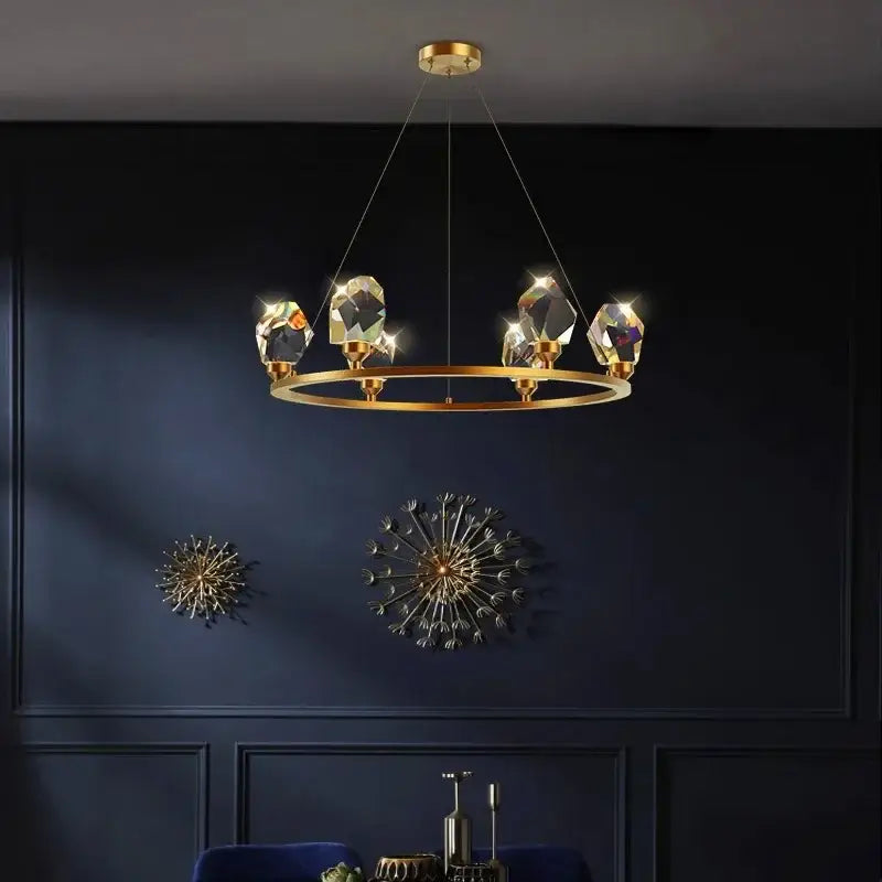 Gold-toned circular dining room chandelier with faceted crystal pendants for decorbites dining room decorbites dining