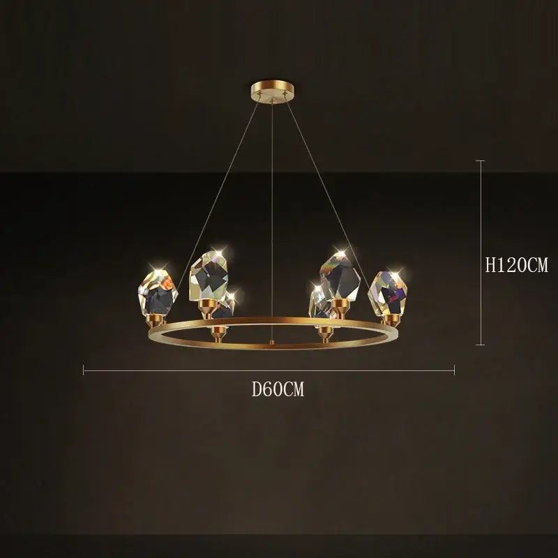 Gold-toned circular dining room chandelier with five faceted crystal pendants by decorbites dining room lighting