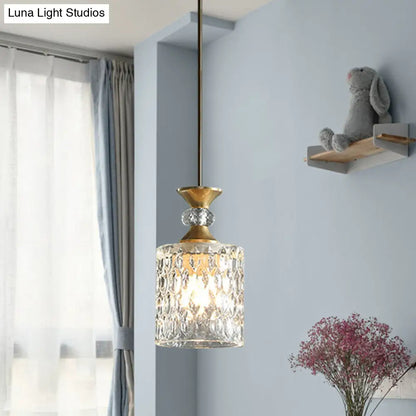 Gold Crystal Drop Lamp Postmodern Pendant for Restaurant Down Lighting - K9 Crystal, 1-Bulb Column Design