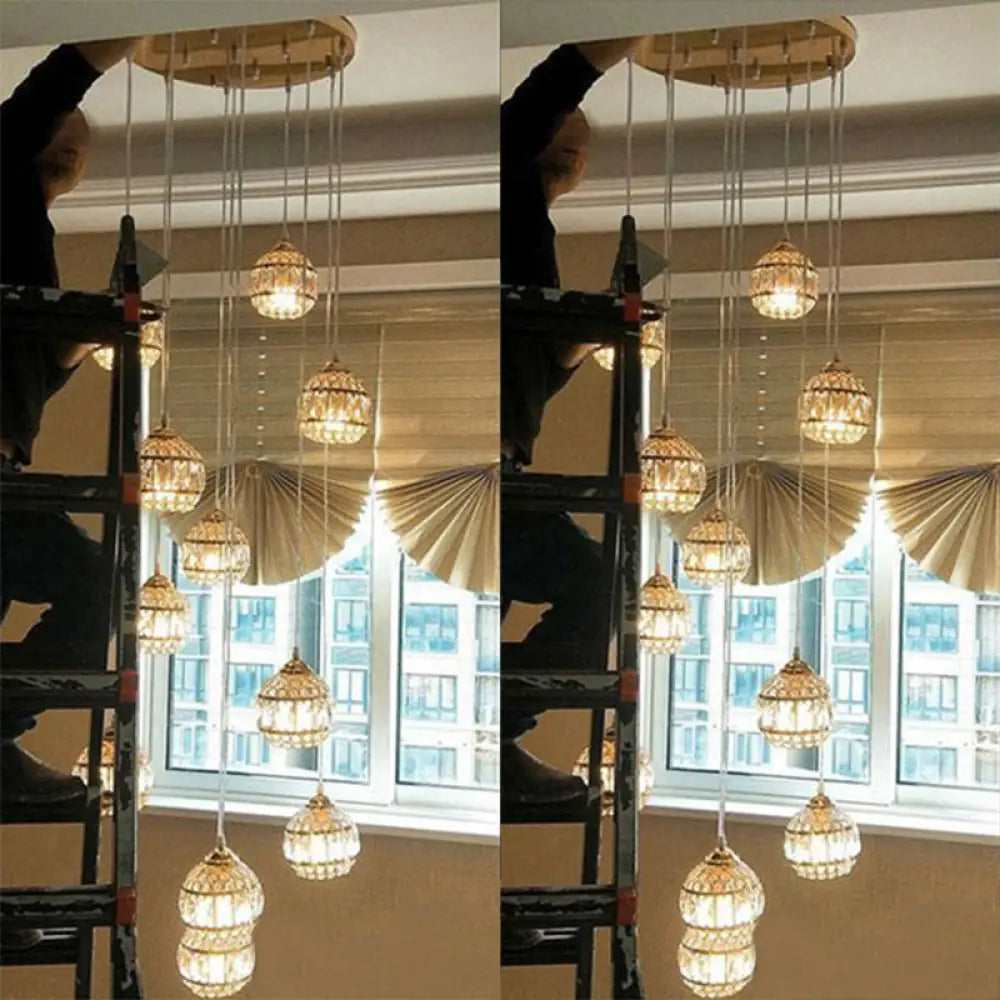 Gold Crystal Encrusted Sphere Pendant – Modern Style Ceiling Hanging Lantern for Staircase