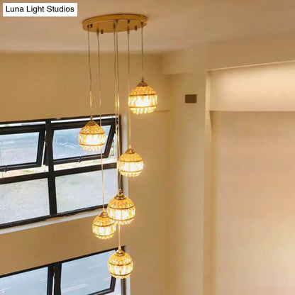 Gold Crystal Encrusted Sphere Pendant – Modern Style Ceiling Hanging Lantern for Staircase