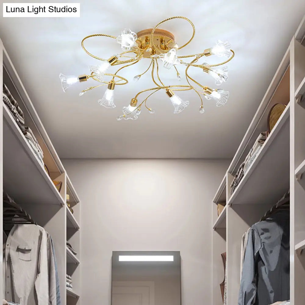 DecorBites™ DecorBites™ Gold Crystal Floral Semi Flush Mount Modern Ceiling Lighting for Living Room - 10/15 Heads