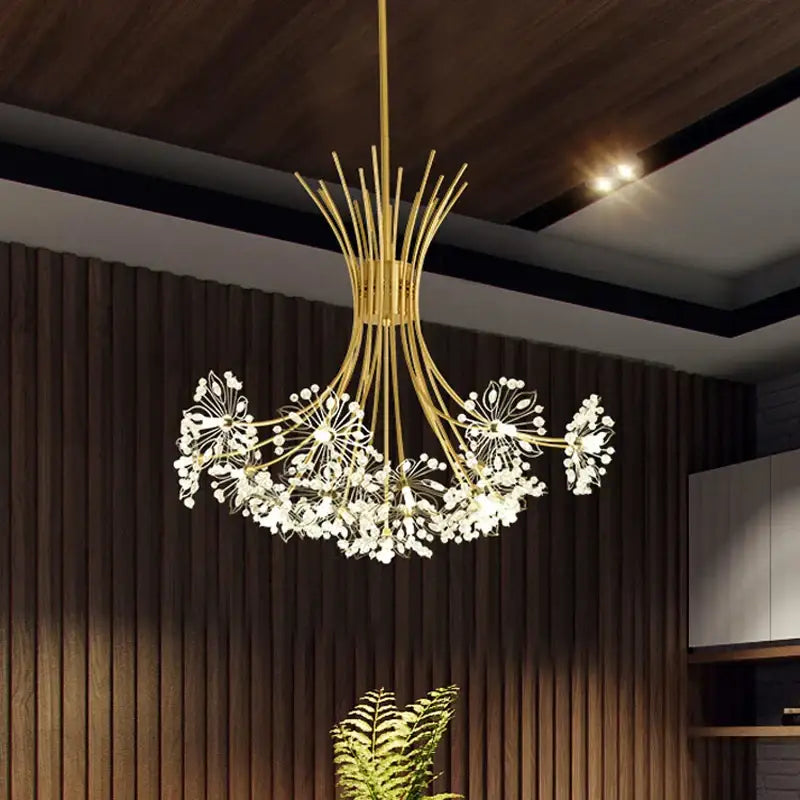 Gold crystal flower pendant chandelier with delicate dandelion floral design and sparkling white crystal accents for dining room decorbites crystal flower