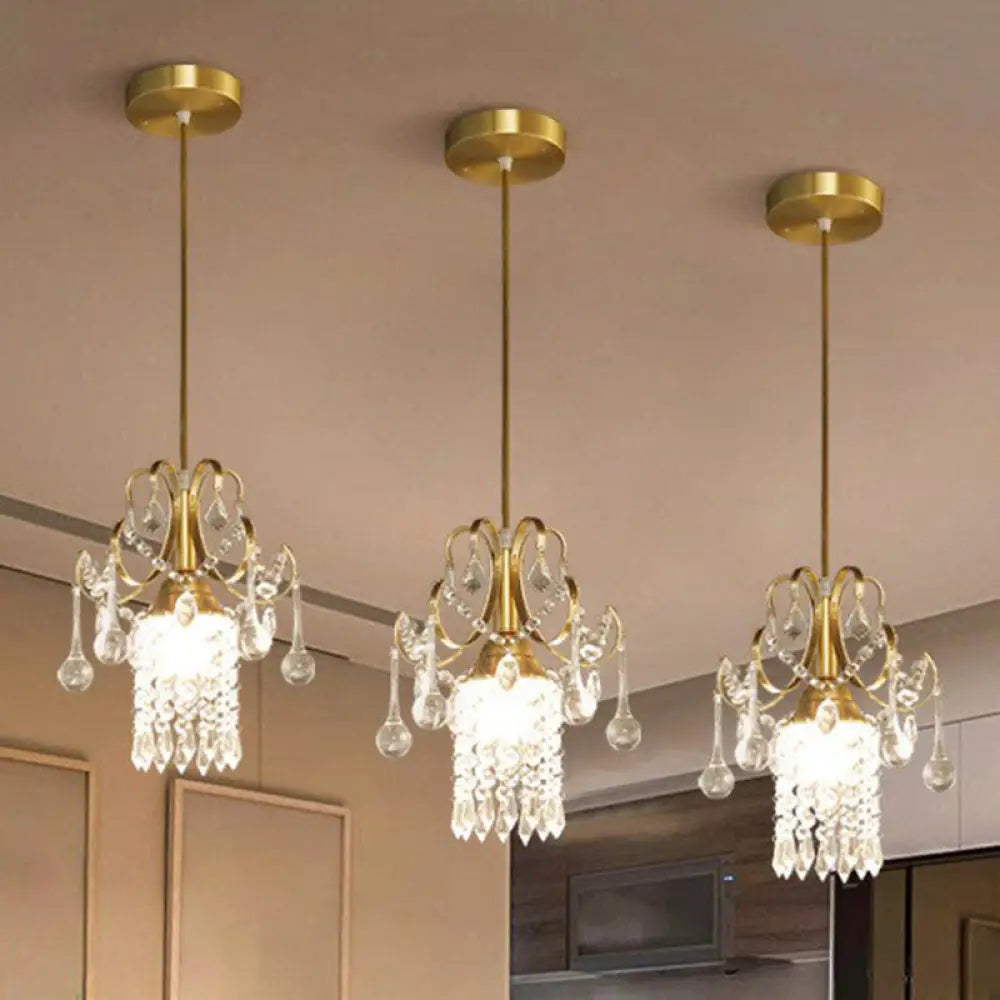 Gold Crystal Fringe Pendant Light - Traditional 1-Light Suspension for Dining Room