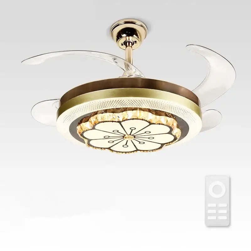 Gold-toned decorbites crystal invisible ceiling fan with integrated lighting and clear acrylic blades for living room decor