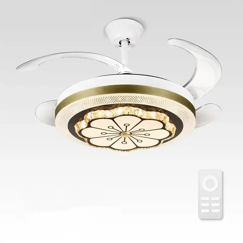 White and gold decorbites crystal invisible ceiling fan with floral design and crystal accents for living room lighting
