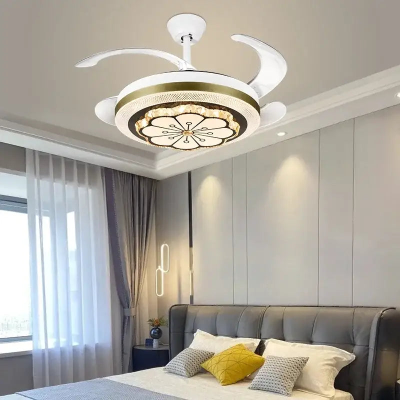 White and gold decorbites crystal invisible ceiling fan with integrated lighting and floral design for living room decor