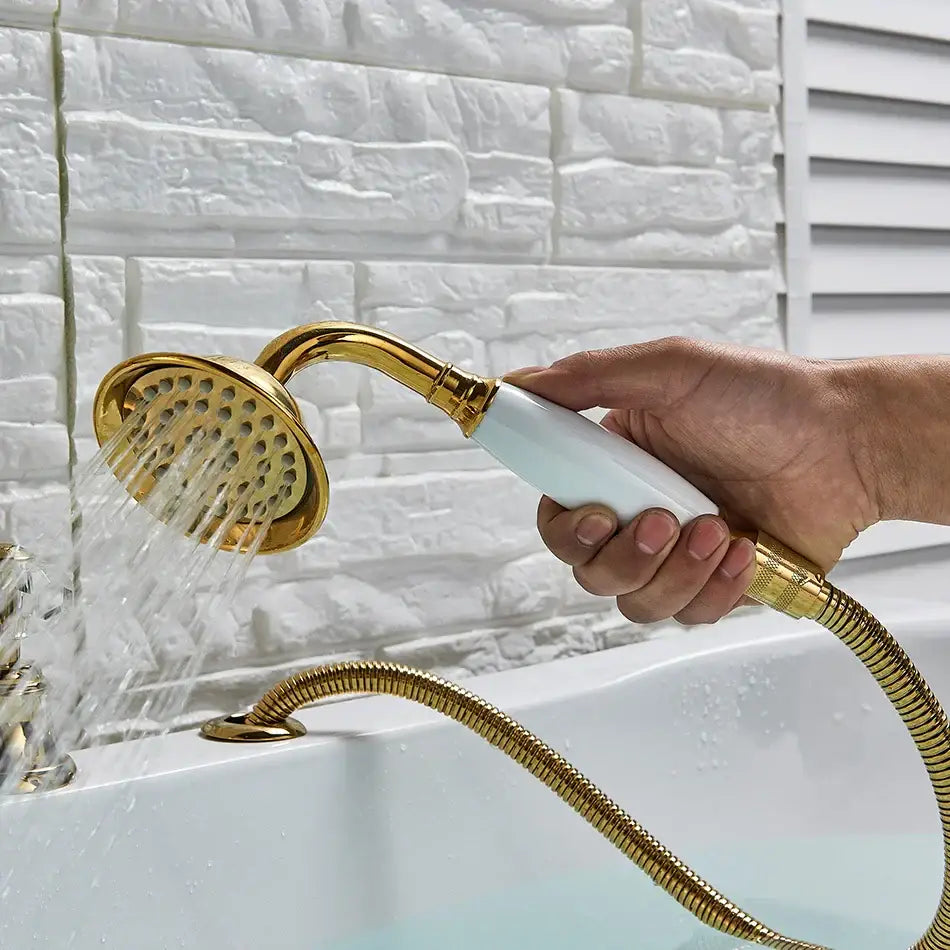 Gold and white ceramic handheld shower head with flexible brass hose for decorbites crystal knob swan faucet bathroom use