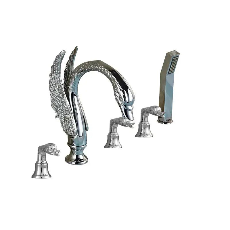 Chrome finished knob swan faucet with ornate wing detailing and matching goose head handles for bathroom tub mixer decorbites crystal knob
