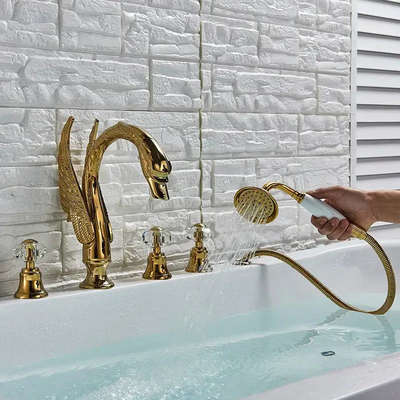 Gold crystal knob swan faucet with decorbites crystal knob and matching handheld showerhead for bathroom tub mixer
