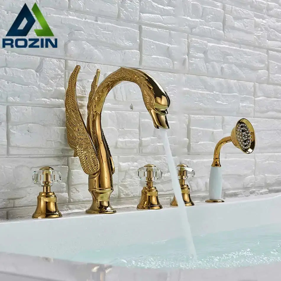 Gold crystal knob swan faucet with handshower featuring crystal handles for elegant bathroom decorbites crystal knob design