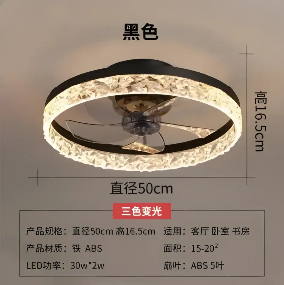 Black circular decorbites crystal led ceiling fan with iron abs plastic frame and led lighting for bedroom use