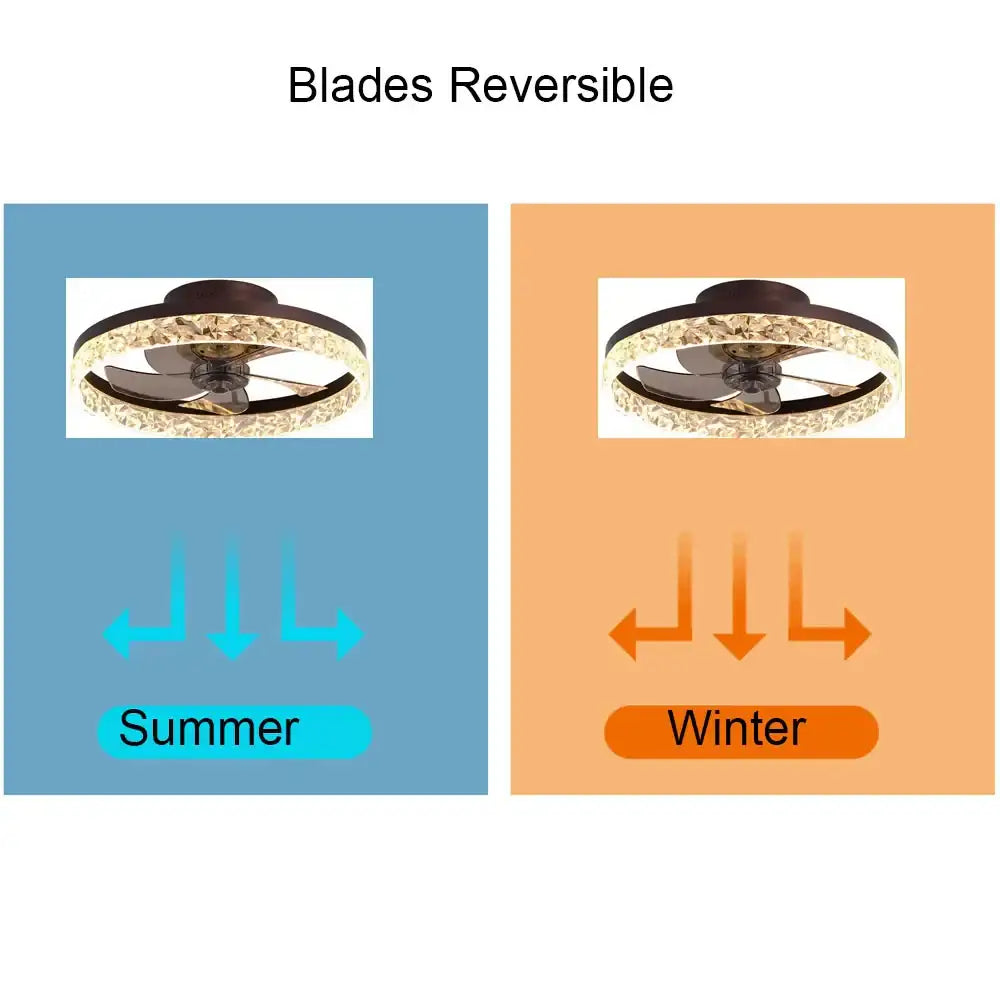 A gold crystal LED ceiling fan with reversible dark bronze blades and ornate crystal-encrusted ring by decorbites