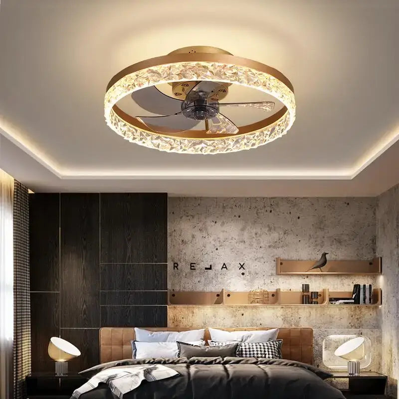 Gold-toned ceiling fan with decorbites crystal led circular light ring and integrated blades for bedroom lighting with remote control
