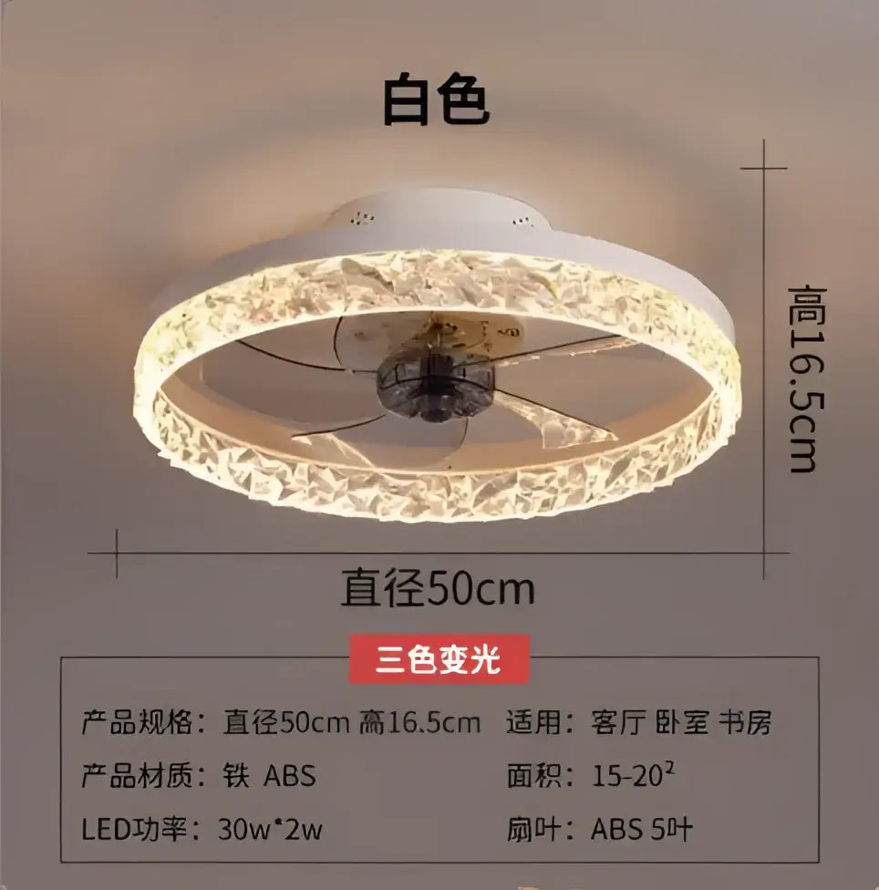 White circular decorbites crystal led ceiling fan with iron and abs plastic features for bedroom lighting
