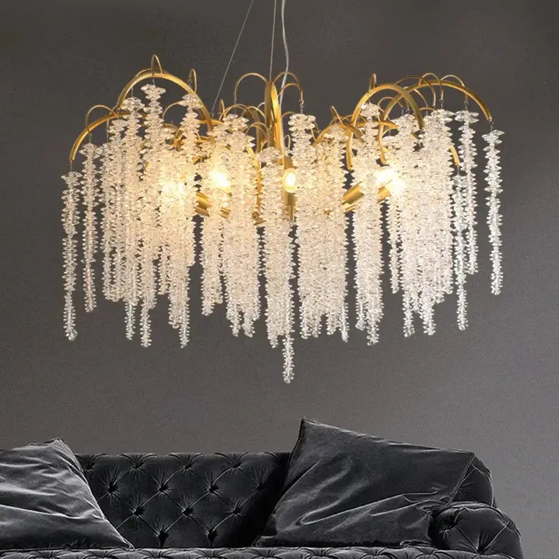 Gold crystal led chandeliers dining room pendant light with cascading clear crystal strands by decorbites crystal led
