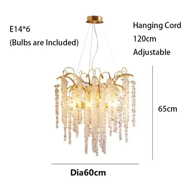 Gold crystal led chandeliers dining room pendant light with gold-toned frame and cascading crystal strands by decorbites crystal led