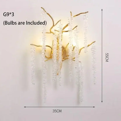 Gold-toned branch-style wall sconce with cascading clear crystal strands for decorbites crystal led chandeliers dining room pendant light