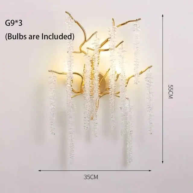Gold-toned branch-style wall sconce with cascading clear crystal strands for decorbites crystal led chandeliers dining room pendant light