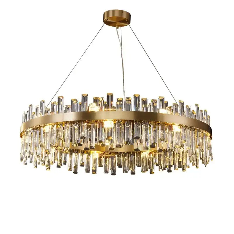 A modern gold crystal led oval chandelier with two tiers and cascading clear crystal rods for dining room decorbites crystal led