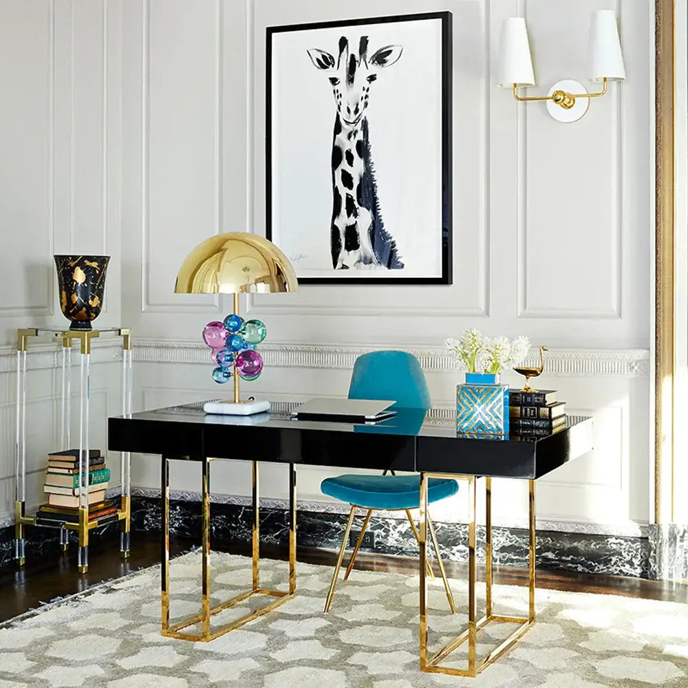 Black glossy desk with gold metal legs and frame showcasing gold crystal marble bubble table lamp for bedroom decorbites decor