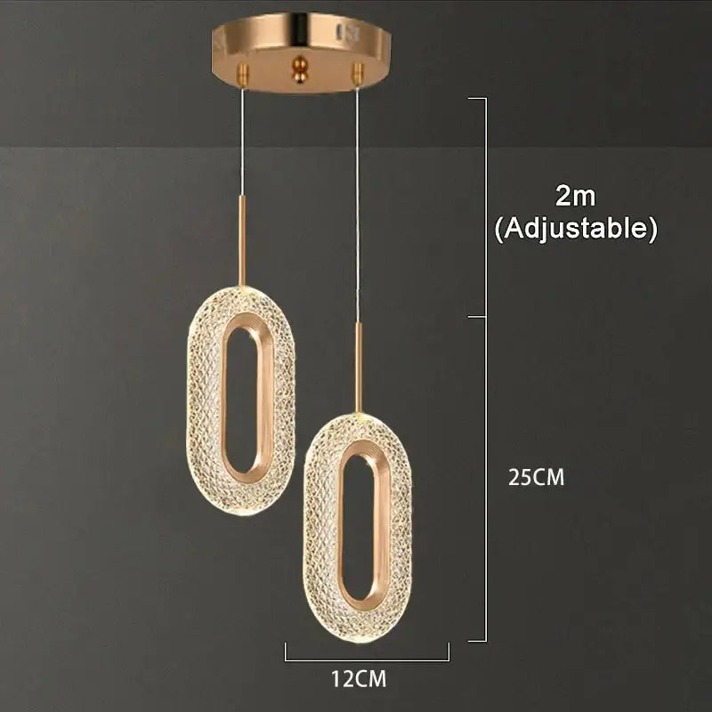 Gold-toned crystal ring led pendant light with textured design and adjustable 2-meter hanging length for dining room luxury chandelier