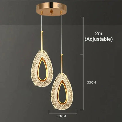 Gold-toned led pendant light with teardrop mesh design and embedded crystal led lighting for luxury dining room chandelier