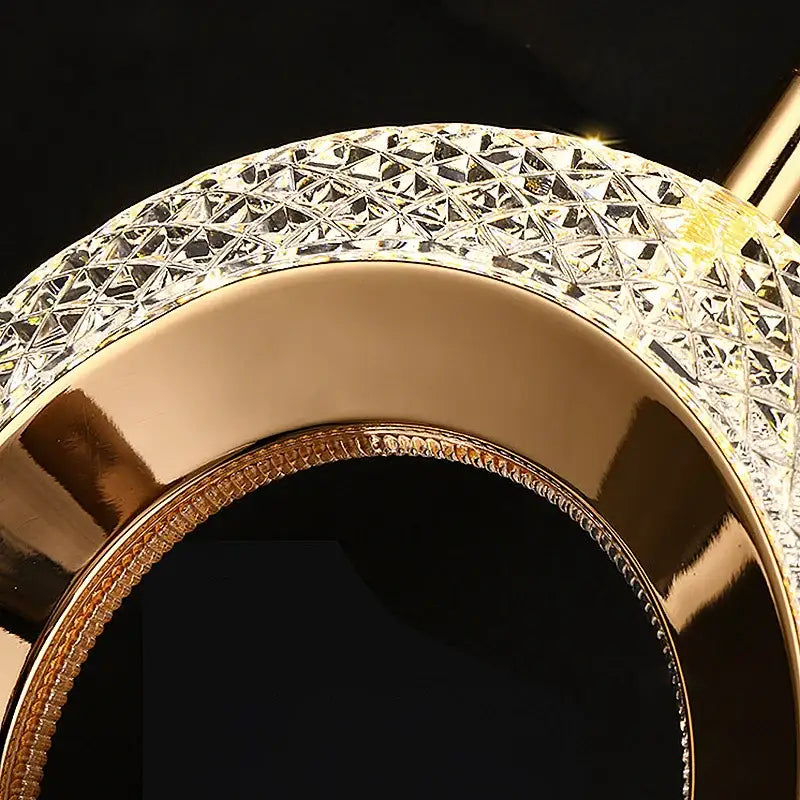 Gold-toned circular mirror with faceted crystal border and beaded detailing for luxury led pendant light chandelier