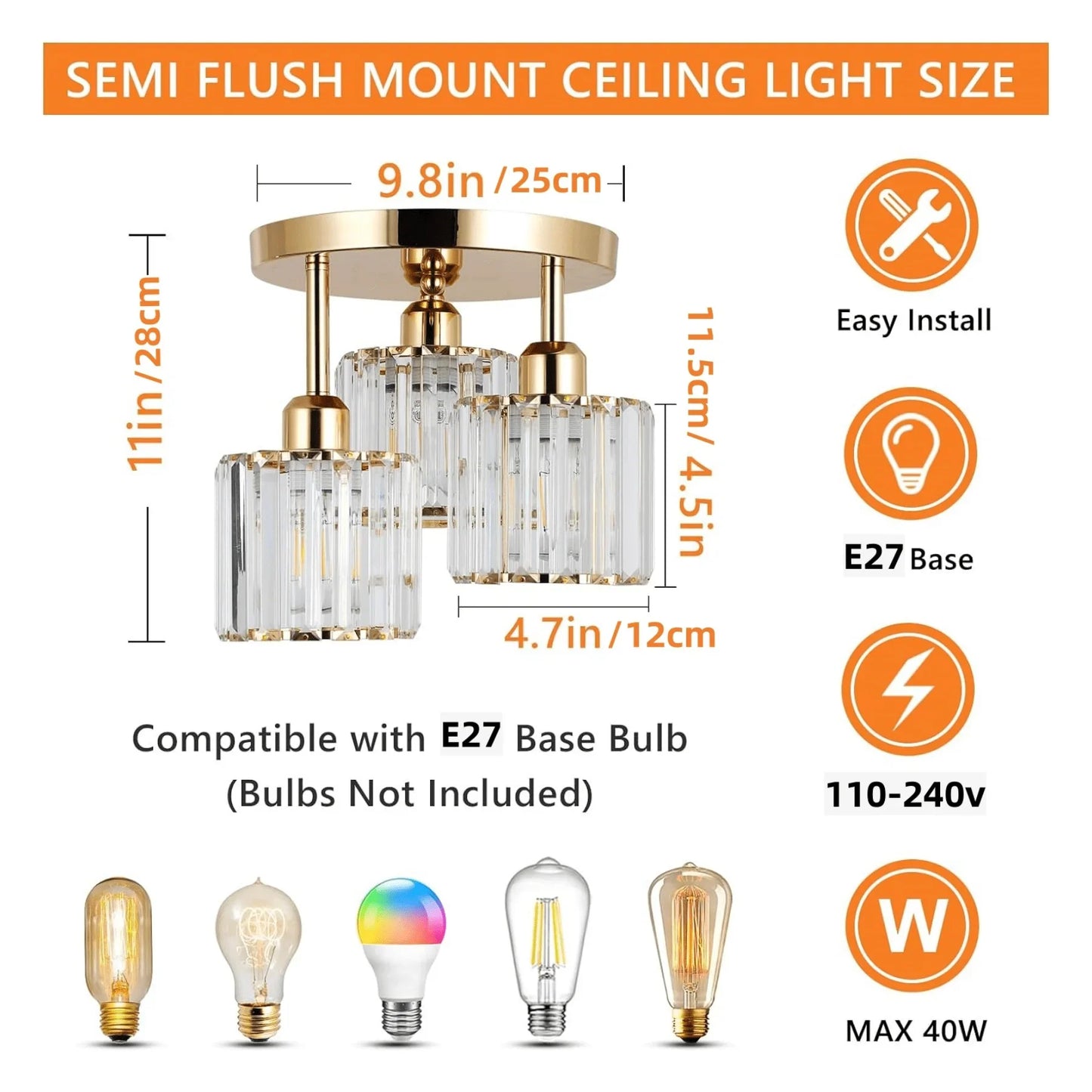 Gold Crystal Semi-Flush Mount Ceiling Light - 3light