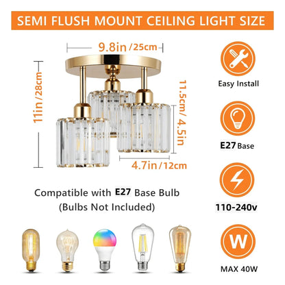 Gold Crystal Semi-Flush Mount Ceiling Light - 3light