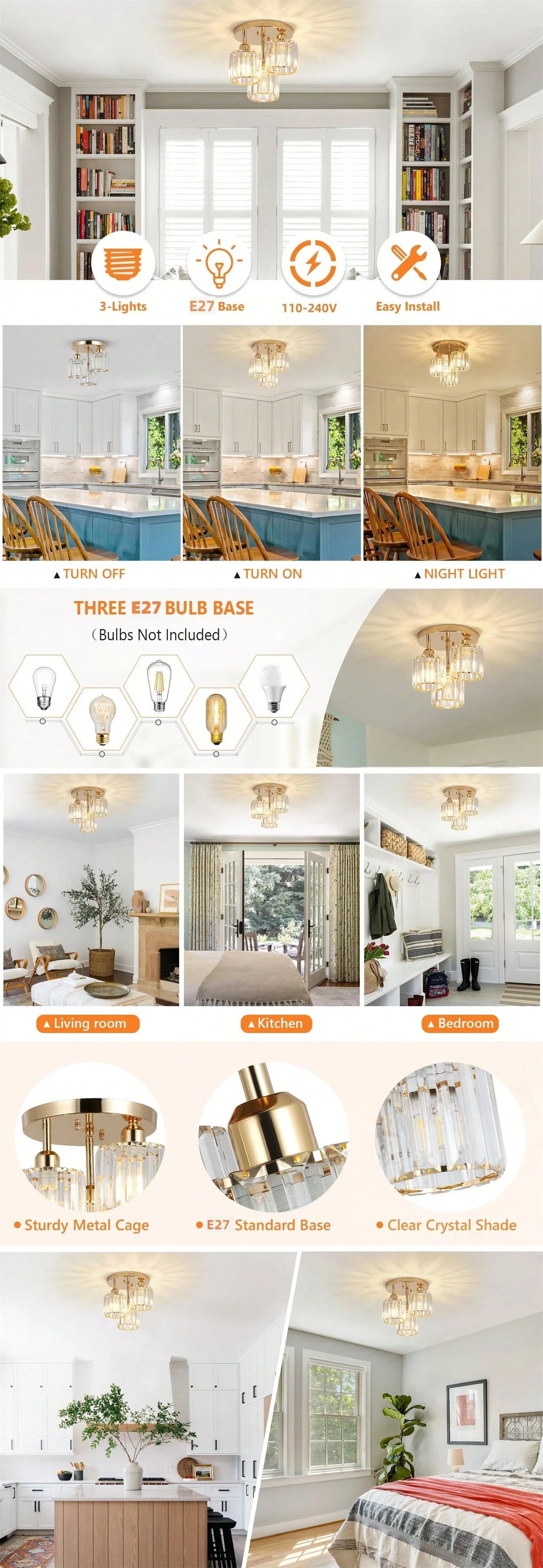 Gold Crystal Semi-Flush Mount Ceiling Light