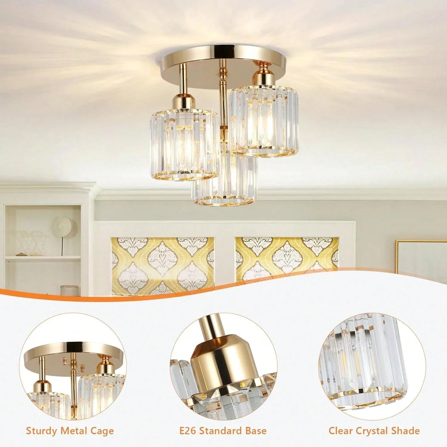 Gold Crystal Semi-Flush Mount Ceiling Light