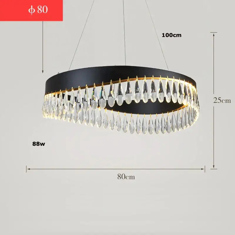 Black circular chandelier with gold trim and dangling clear crystal teardrops in decorbites crystal stainless steel design