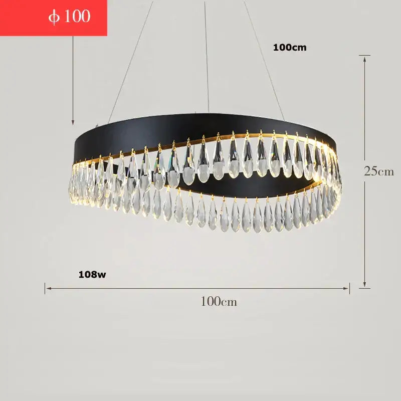 Black circular chandelier with gold accents and dangling clear teardrops in decorbites crystal stainless steel design