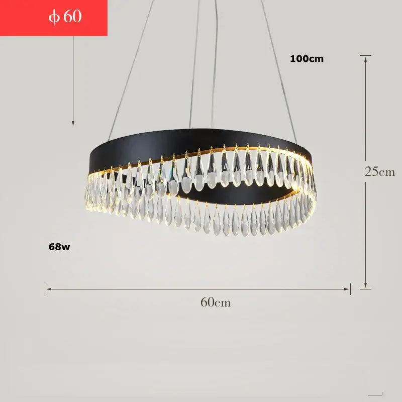 Black circular gold trim chandelier with dangling clear crystal teardrops in crystal stainless steel decorbites design