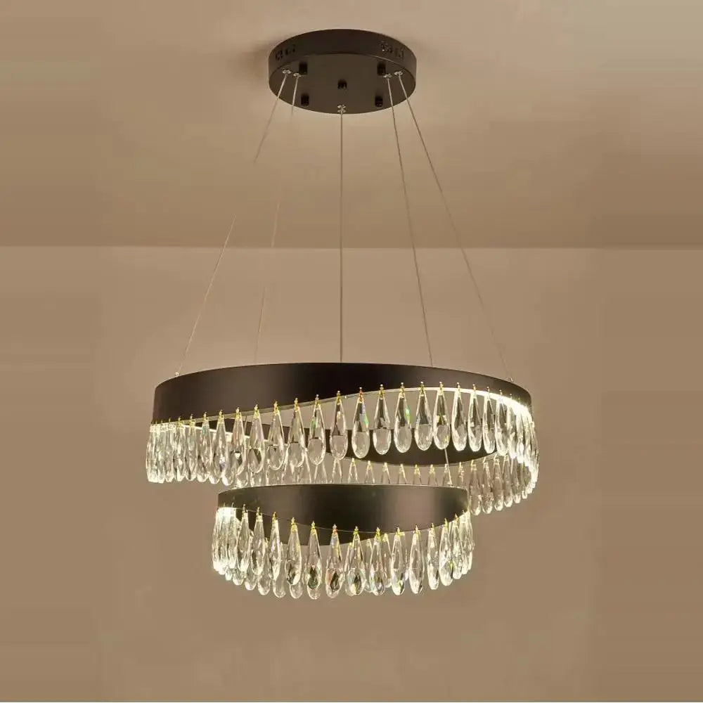 Modern black metal chandelier with two concentric rings and clear teardrop pendants decorbites crystal stainless steel