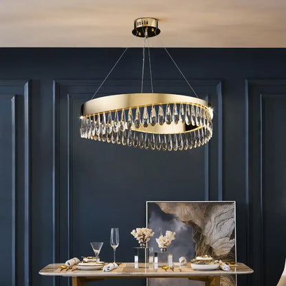Gold crystal stainless steel chandelier with gold-toned circular frame and dangling teardrop crystals for foyer decorbites crystal stainless steel lighting