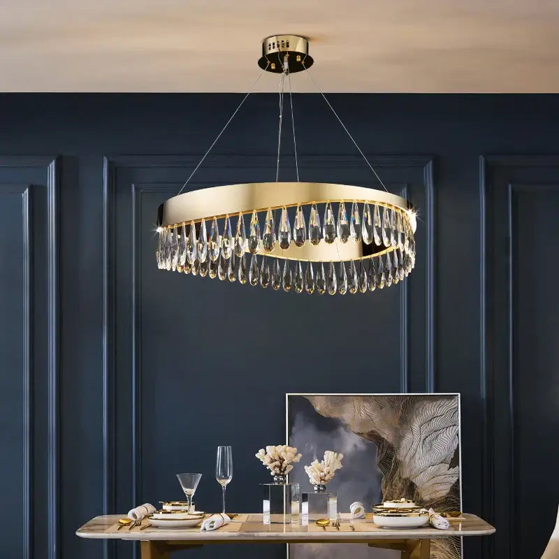 Gold crystal stainless steel chandelier with gold-toned circular frame and dangling teardrop crystals for foyer decorbites crystal stainless steel lighting