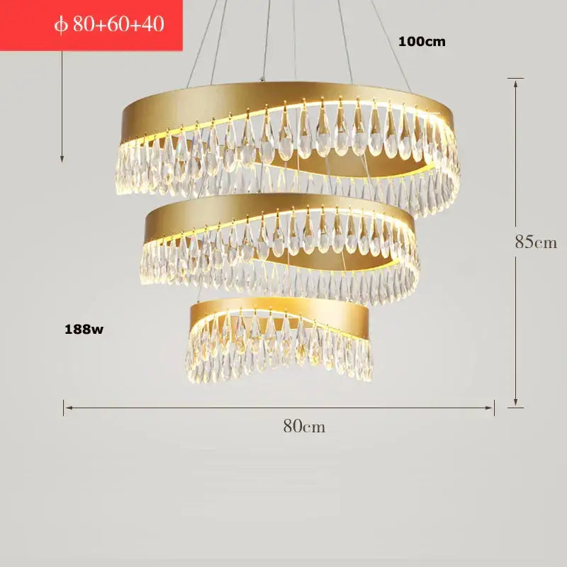 Gold crystal stainless steel spiral chandelier with three tiers of dangling teardrop crystals for elegant decorbites decor