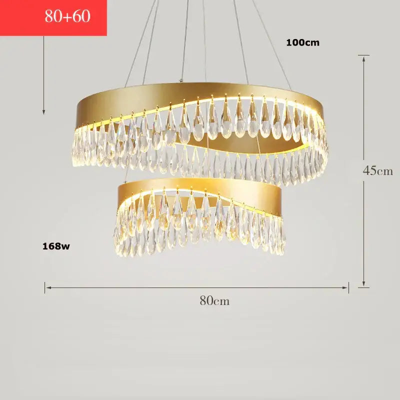 Gold crystal stainless steel chandelier with gold-toned double rings and cascading clear crystal teardrops for foyer decorbites crystal stainless design