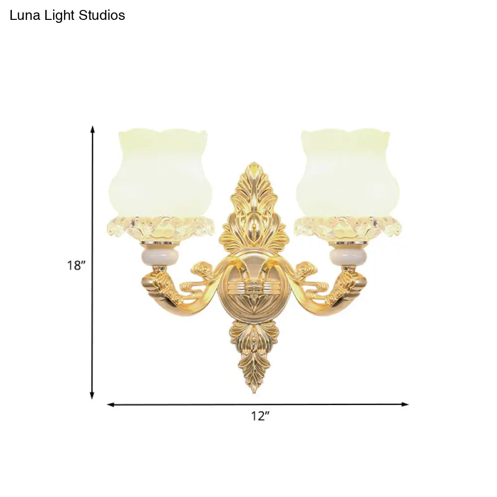DecorBites™ Gold Crystal Wall Mounted Light with 2 Cream Glass Bloom Heads - Simplicity for Living Room