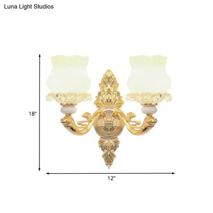 DecorBites™ Gold Crystal Wall Mounted Light with 2 Cream Glass Bloom Heads - Simplicity for Living Room