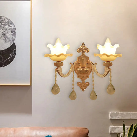 DecorBites™ Gold Crystal Wall Sconce with Frosted Glass Shade - Perfect for Living Rooms - 2 Bulbs included!