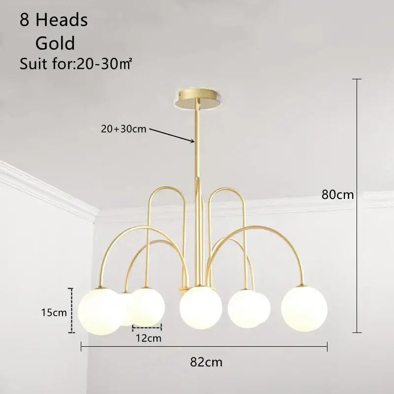 Gold curved arm glass ball pendant chandelier with eight frosted glass light heads for dining room decorbites glass ball