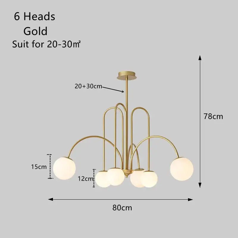 Gold curved arm glass ball pendant chandelier with six spherical shades for dining room decorbites glass ball design