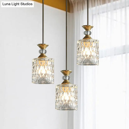 Gold Cylindrical Crystal Pendant Light: Luxurious 3-Light Restaurant Down Lighting