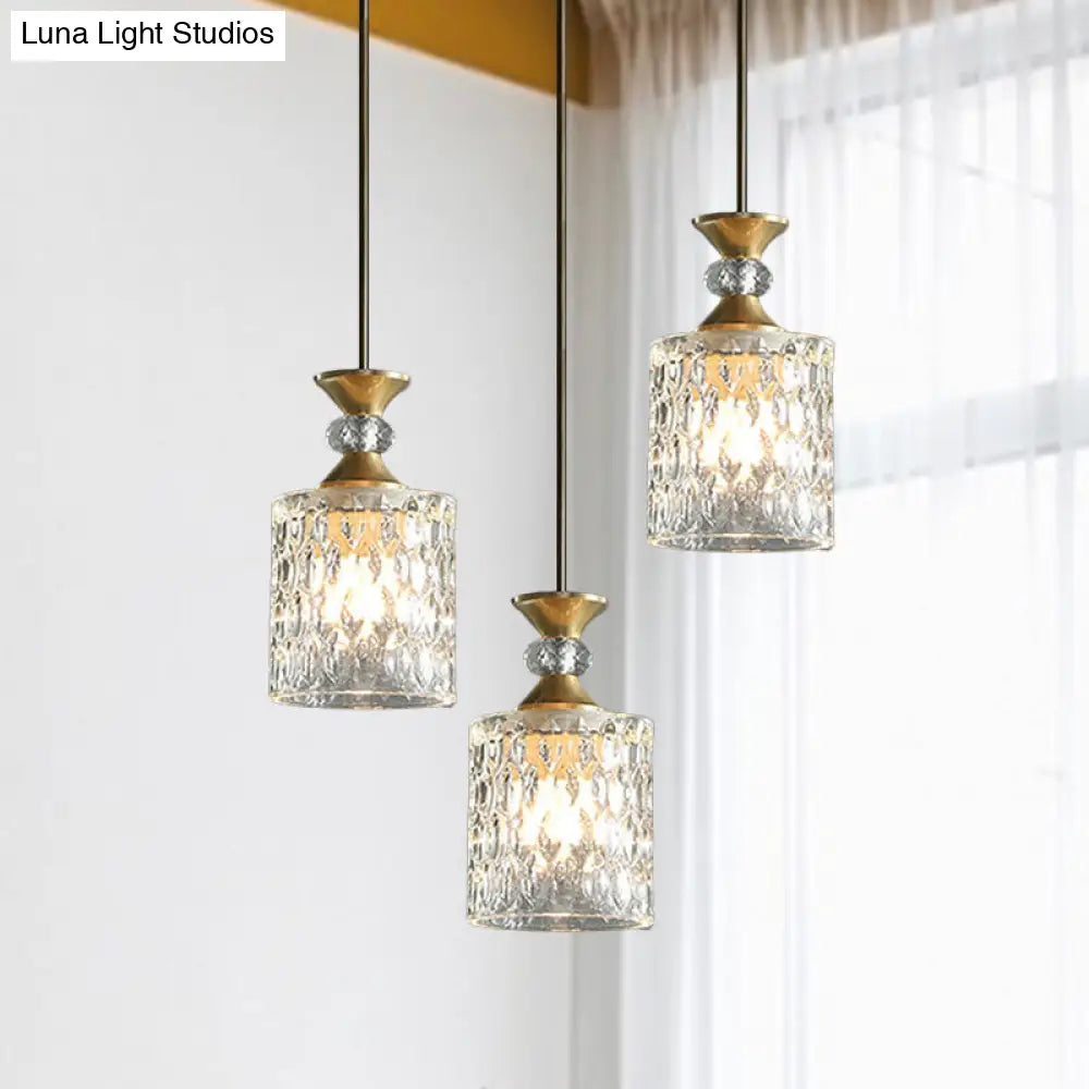 Gold Cylindrical Crystal Pendant Light: Luxurious 3-Light Restaurant Down Lighting