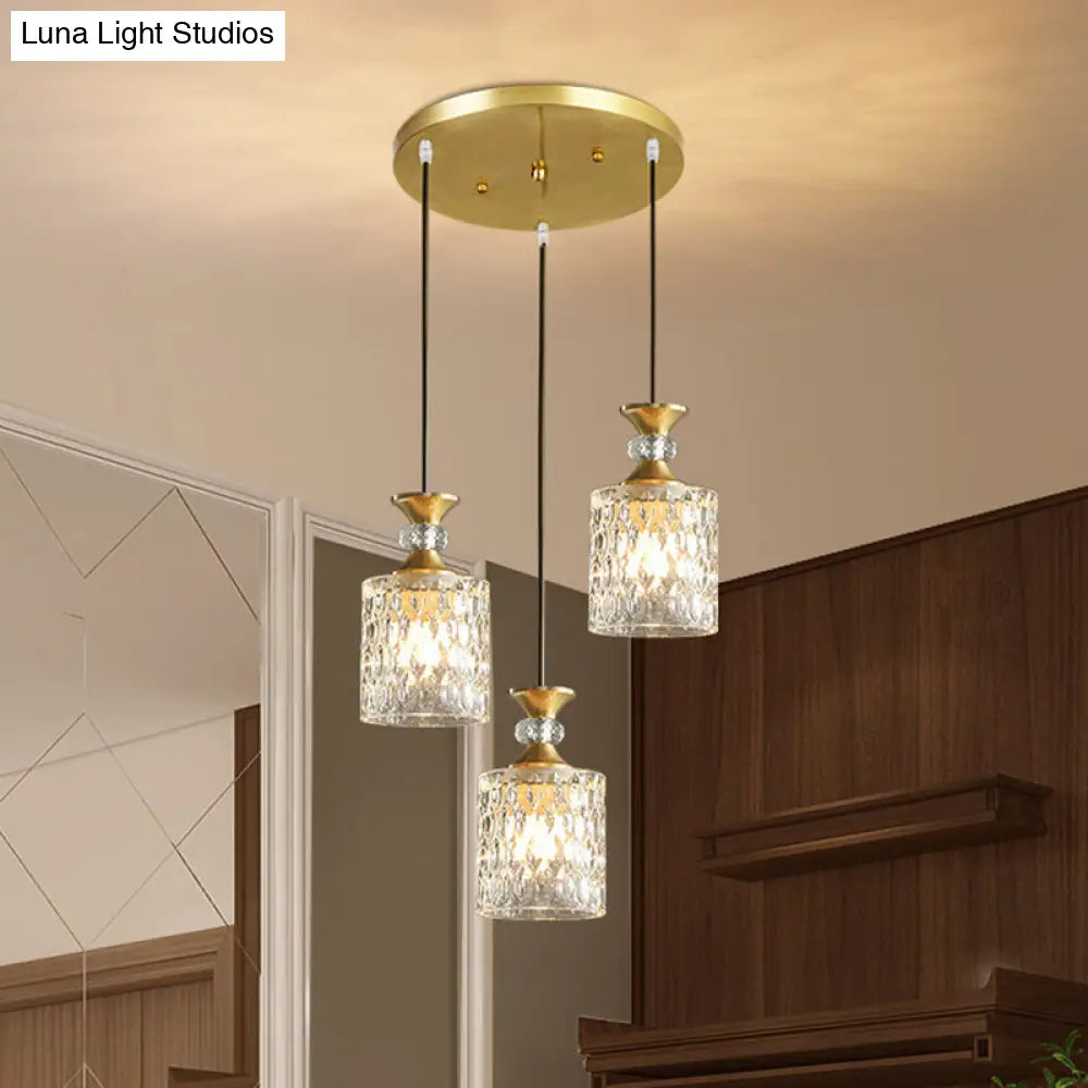 Gold Cylindrical Crystal Pendant Light: Luxurious 3-Light Restaurant Down Lighting