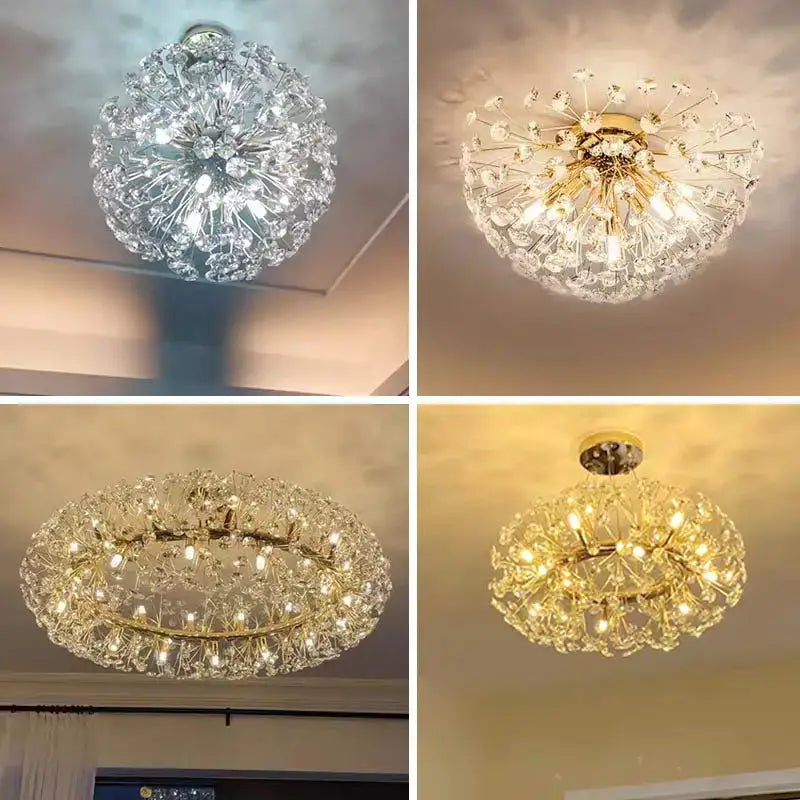 Gold dandelion crystal led pendant chandelier with spherical glass crystals and gold metal arms for living room decorbites crystal led ceiling