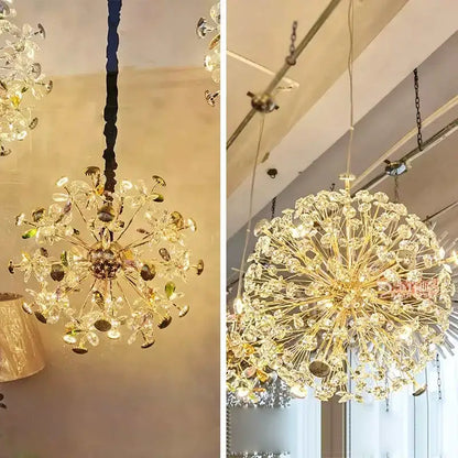 Gold dandelion crystal led pendant chandelier with metallic accents for living room decorbites crystal led ceiling lighting